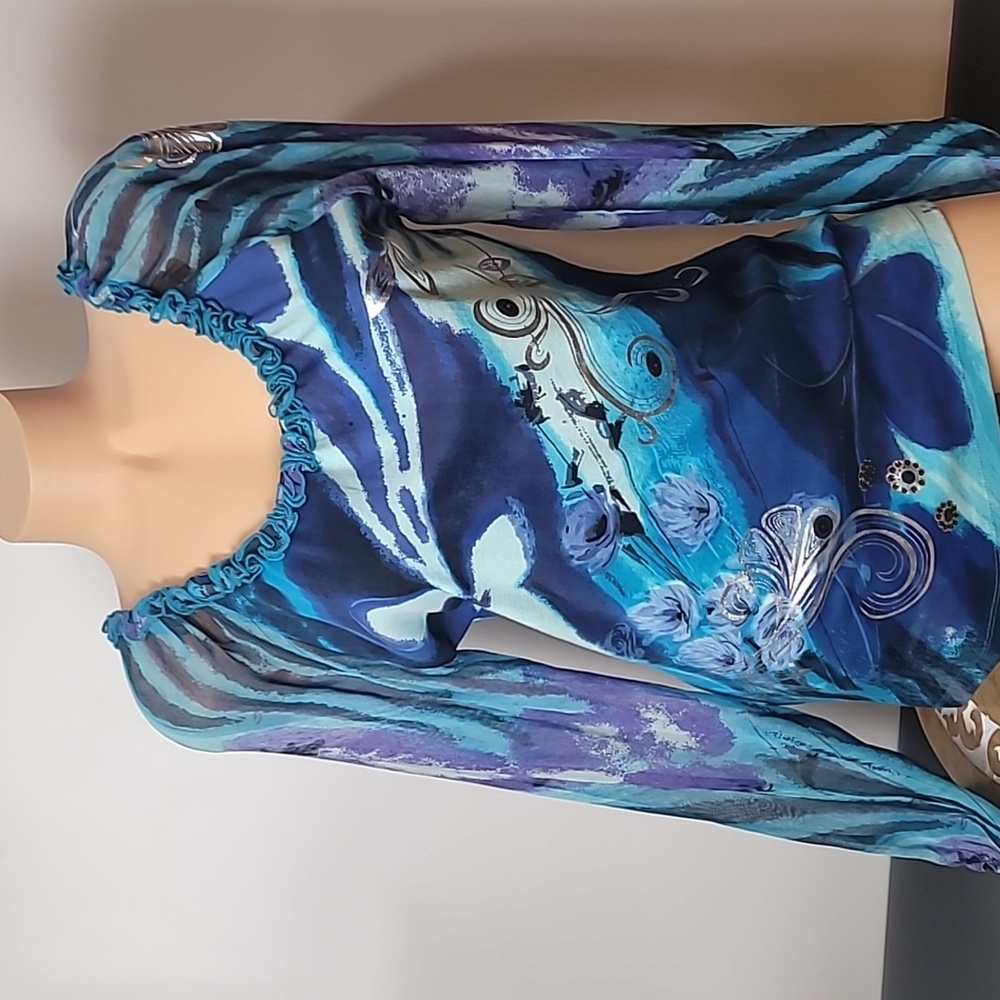 Forbidden Blue Ruffle Neck-line Sheer Balloon Sleeves Blouse